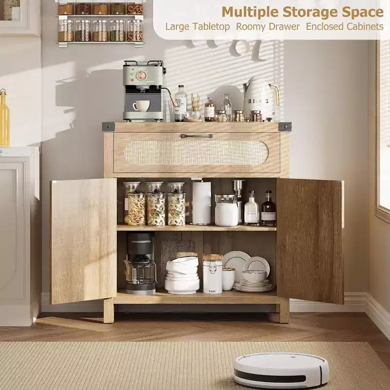 Black/Natural Rattan Door Sideboard with Drawer & Adjustable Shelf, 1-Person Assembly