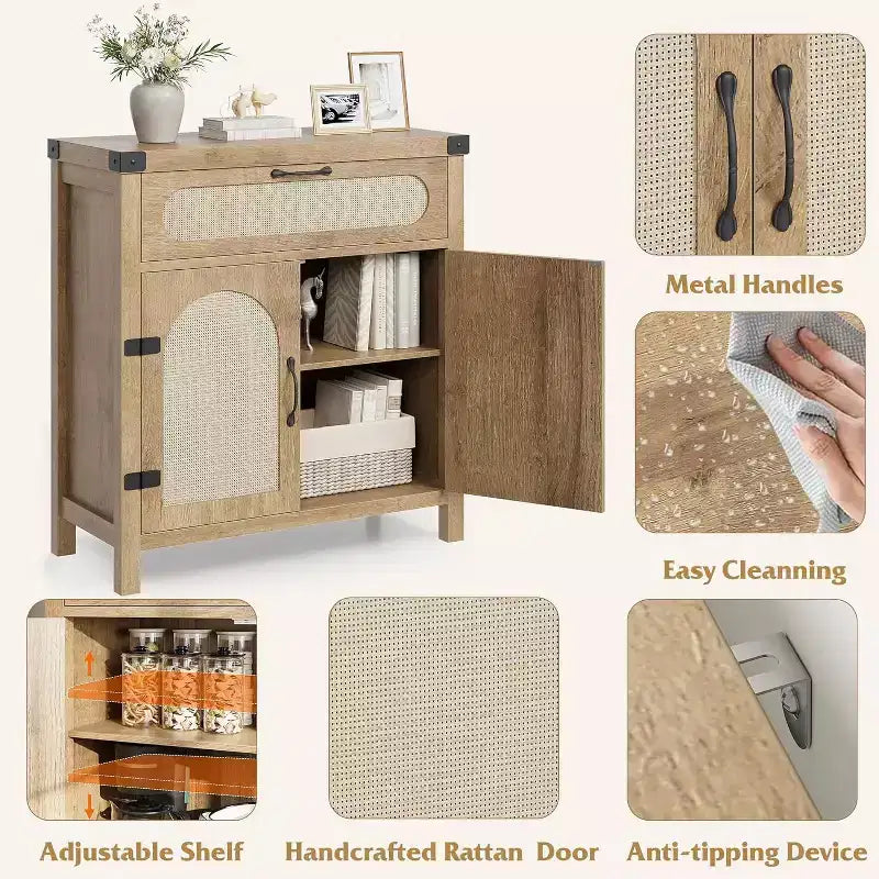 Black/Natural Rattan Door Sideboard with Drawer & Adjustable Shelf, 1-Person Assembly