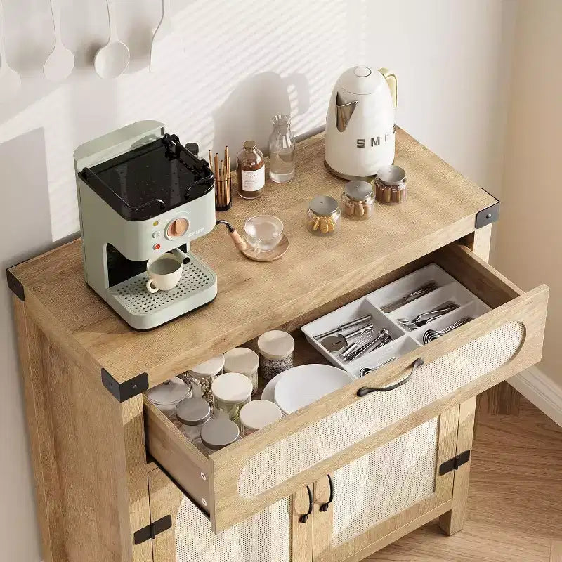 Black/Natural Rattan Door Sideboard with Drawer & Adjustable Shelf, 1-Person Assembly