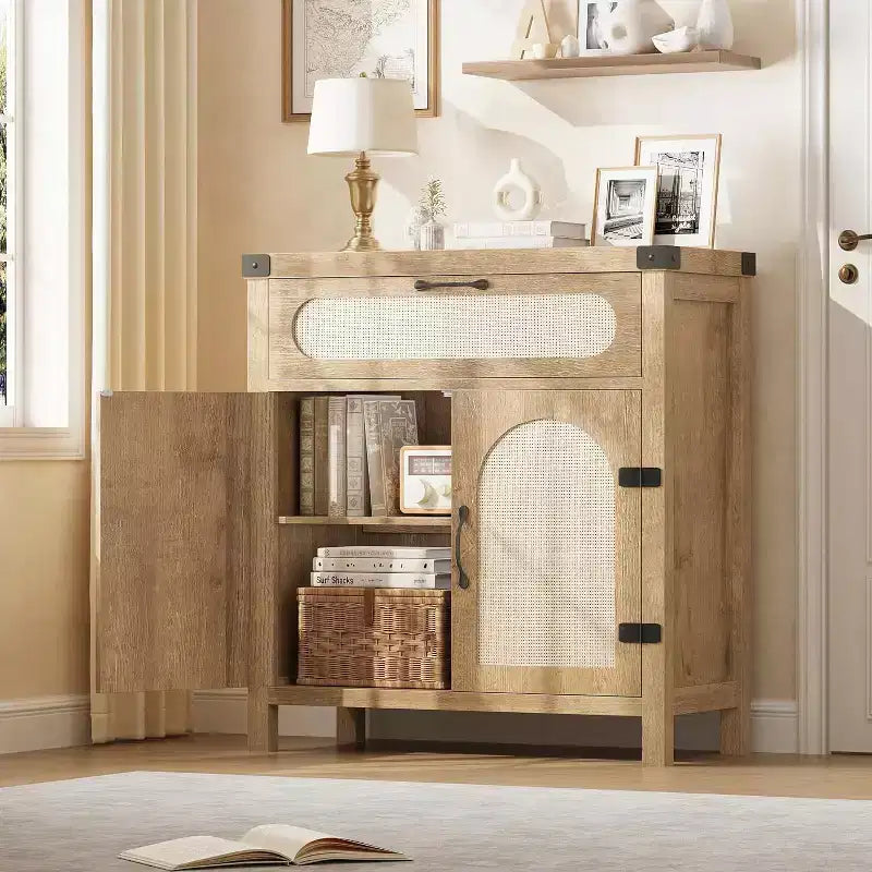 Black/Natural Rattan Door Sideboard with Drawer & Adjustable Shelf, 1-Person Assembly
