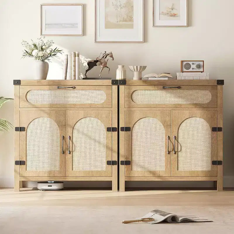 Black/Natural Rattan Door Sideboard with Drawer & Adjustable Shelf, 1-Person Assembly