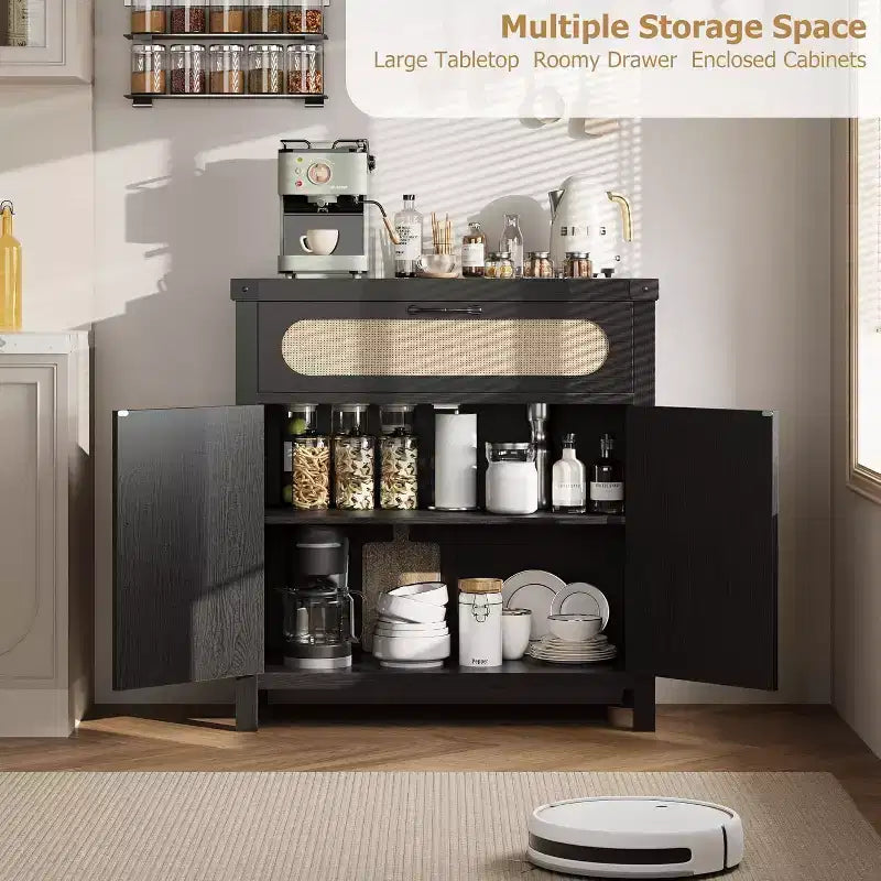 Black/Natural Rattan Door Sideboard with Drawer & Adjustable Shelf, 1-Person Assembly
