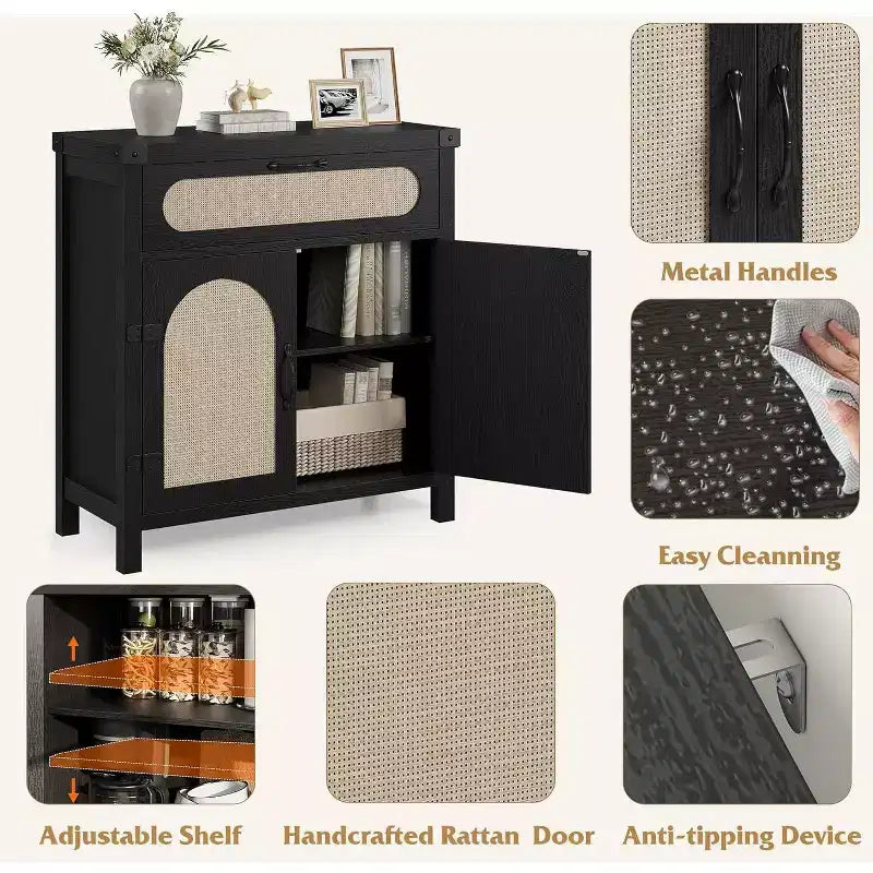 Black/Natural Rattan Door Sideboard with Drawer & Adjustable Shelf, 1-Person Assembly