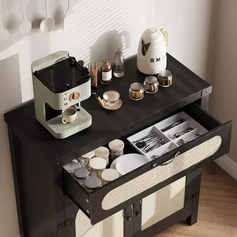 Black/Natural Rattan Door Sideboard with Drawer & Adjustable Shelf, 1-Person Assembly