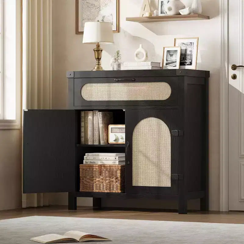 Black/Natural Rattan Door Sideboard with Drawer & Adjustable Shelf, 1-Person Assembly