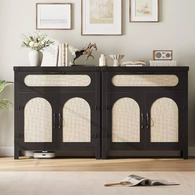 Black/Natural Rattan Door Sideboard with Drawer & Adjustable Shelf, 1-Person Assembly