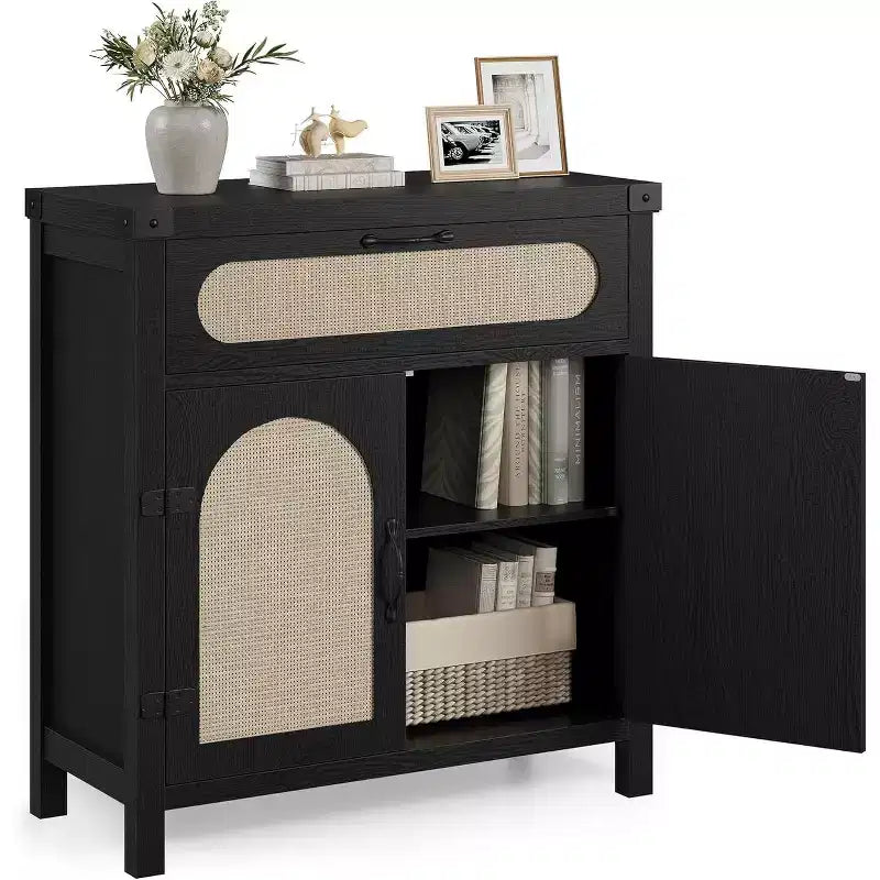 Rattan Sideboard with Drawer, Wood Buffet Cabinet with Rattan Doors & Adjustable Shelves for Living Room, Dining Room, Kitchen