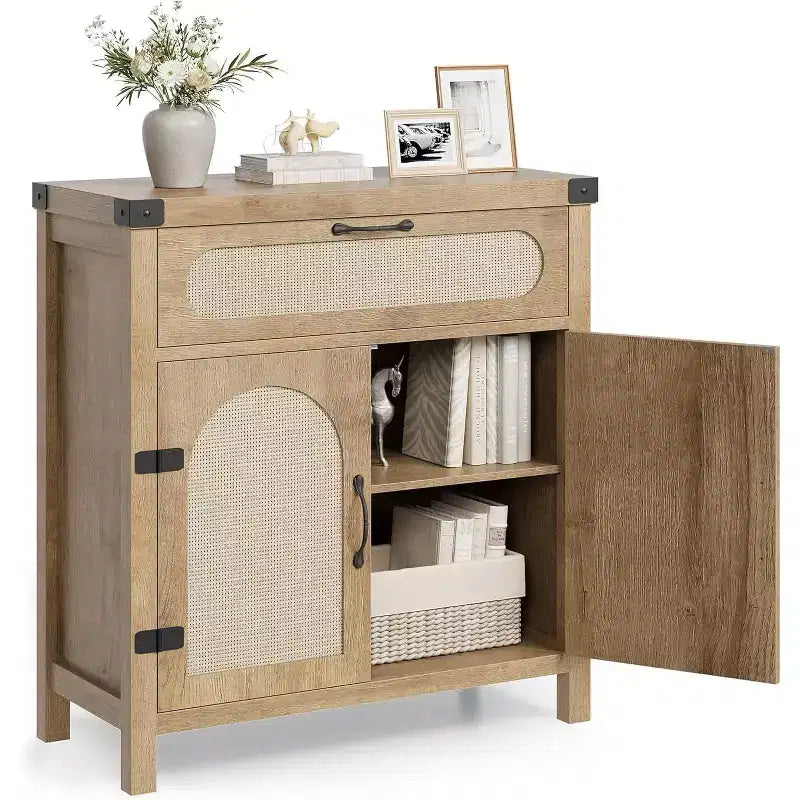Black/Natural Rattan Door Sideboard with Drawer & Adjustable Shelf, 1-Person Assembly