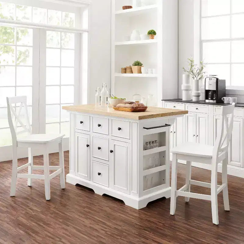 White/Black Wood Top Kitchen Island with 2 X-Back Stools, Seats 2