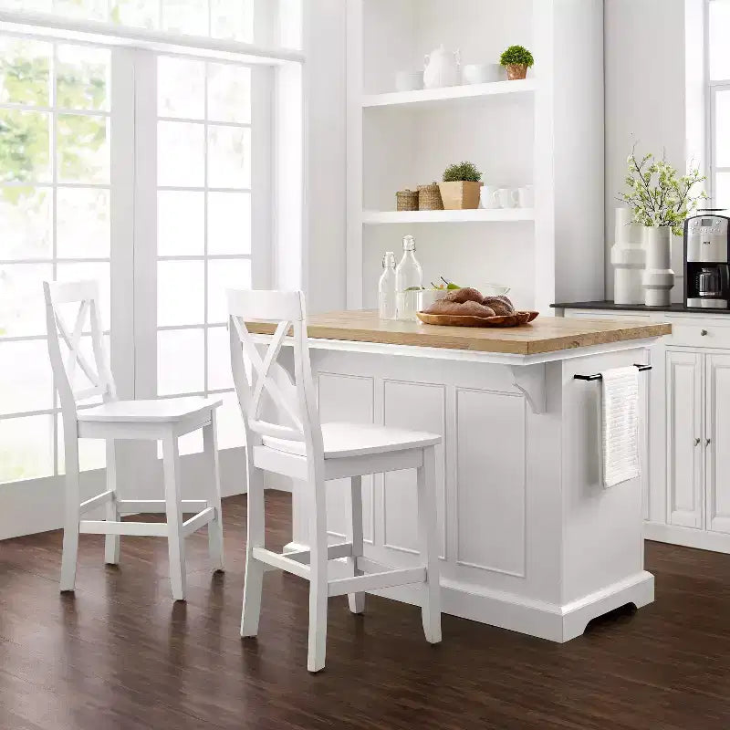 White/Black Wood Top Kitchen Island with 2 X-Back Stools, Seats 2