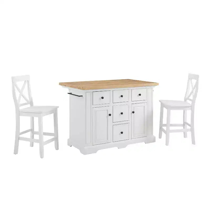 White/Black Wood Top Kitchen Island with 2 X-Back Stools, Seats 2