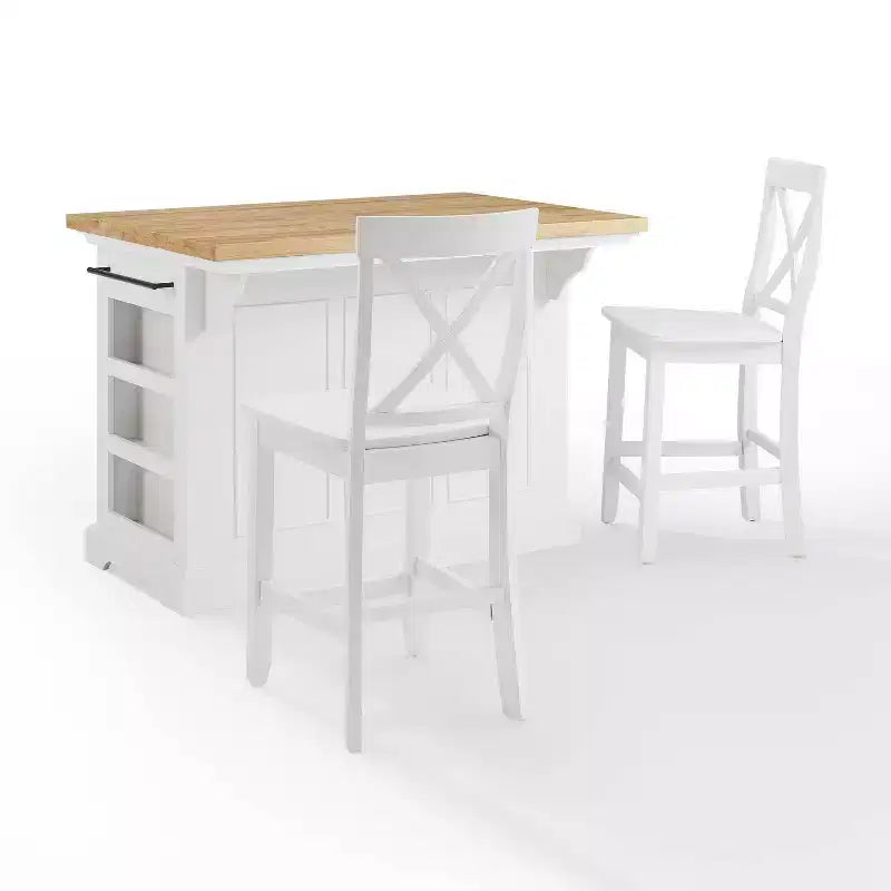 White/Black Wood Top Kitchen Island with 2 X-Back Stools, Seats 2