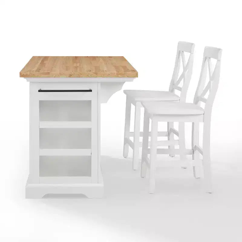 White/Black Wood Top Kitchen Island with 2 X-Back Stools, Seats 2