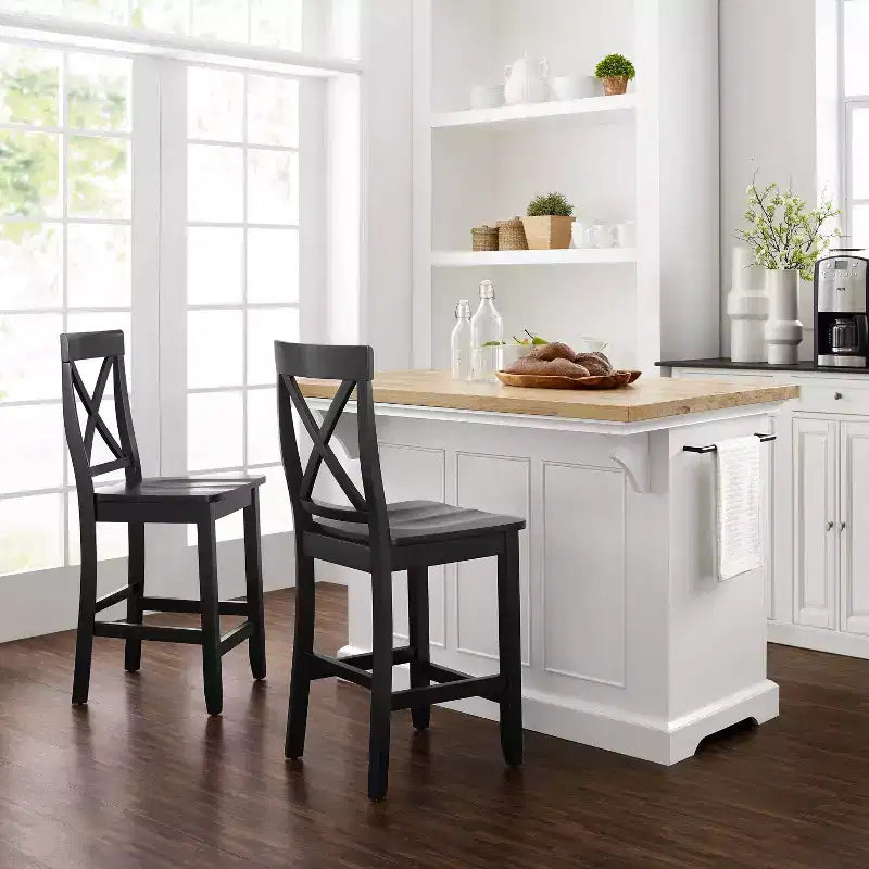 White/Black Wood Top Kitchen Island with 2 X-Back Stools, Seats 2