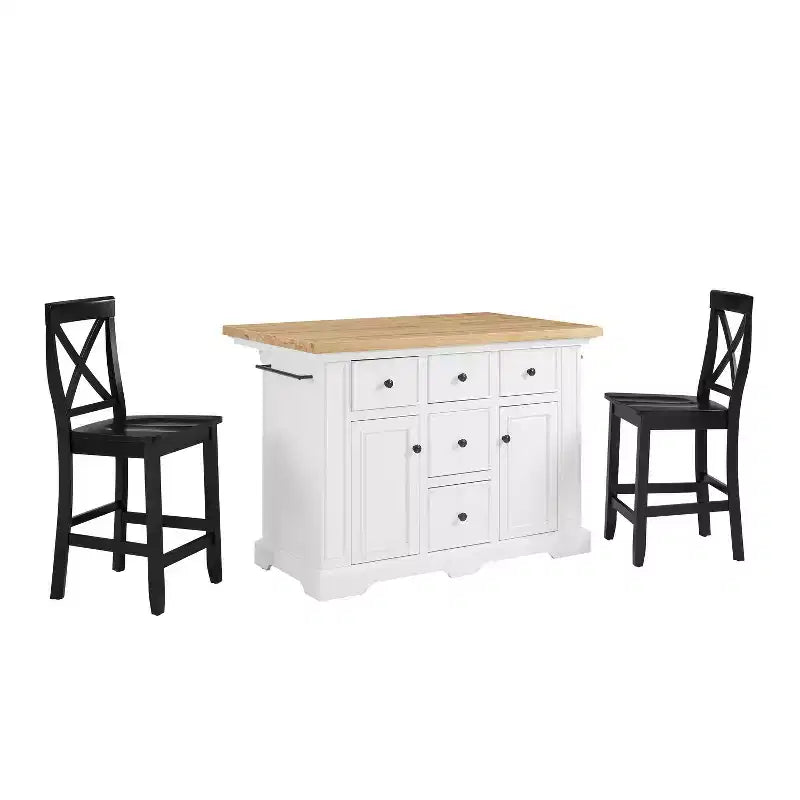 White/Black Wood Top Kitchen Island with 2 X-Back Stools, Seats 2
