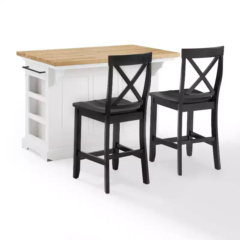 White/Black Wood Top Kitchen Island with 2 X-Back Stools, Seats 2