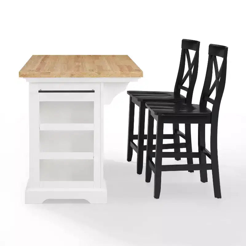 White/Black Wood Top Kitchen Island with 2 X-Back Stools, Seats 2