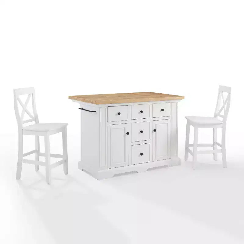 White/Black Wood Top Kitchen Island with 2 X-Back Stools, Seats 2