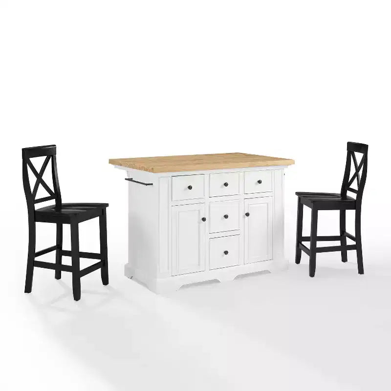White/Black Wood Top Kitchen Island with 2 X-Back Stools, Seats 2
