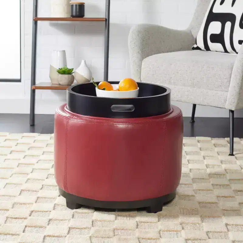Round Flip-Top Storage Ottoman, Black/Red, Seats 1