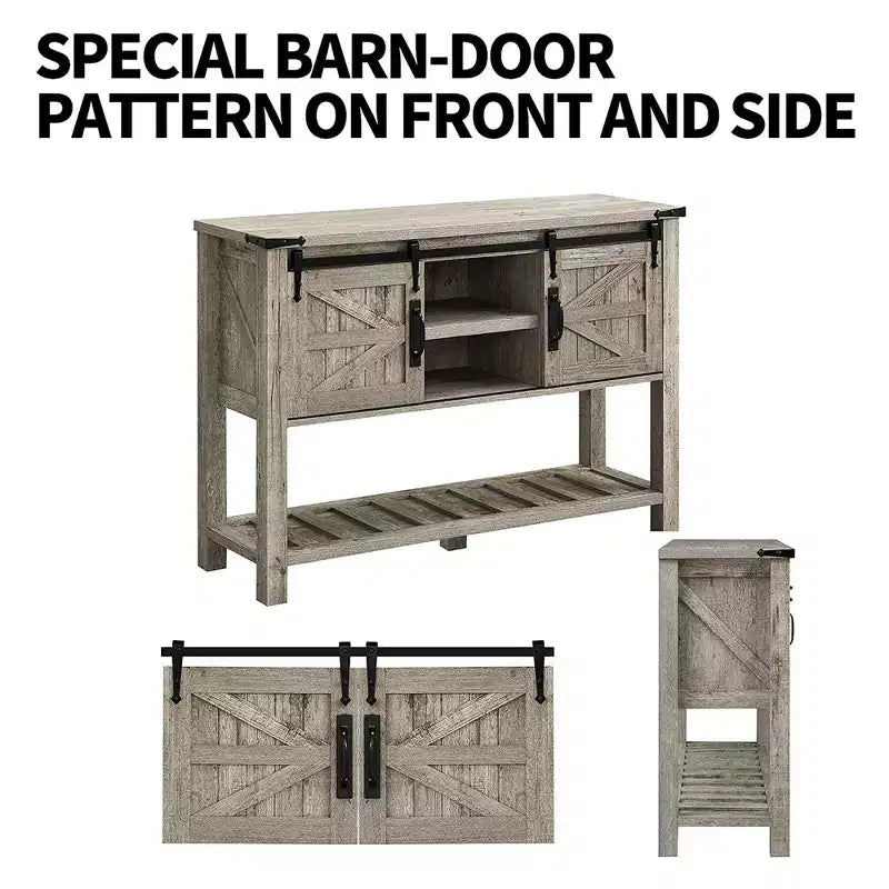 Dark/Light Rustic Oak & Reclaimed Barnwood Farmhouse Console Table with Sliding Barn Doors, 1-Person Assembly