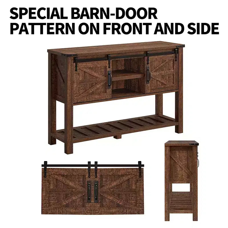 Dark/Light Rustic Oak & Reclaimed Barnwood Farmhouse Console Table with Sliding Barn Doors, 1-Person Assembly