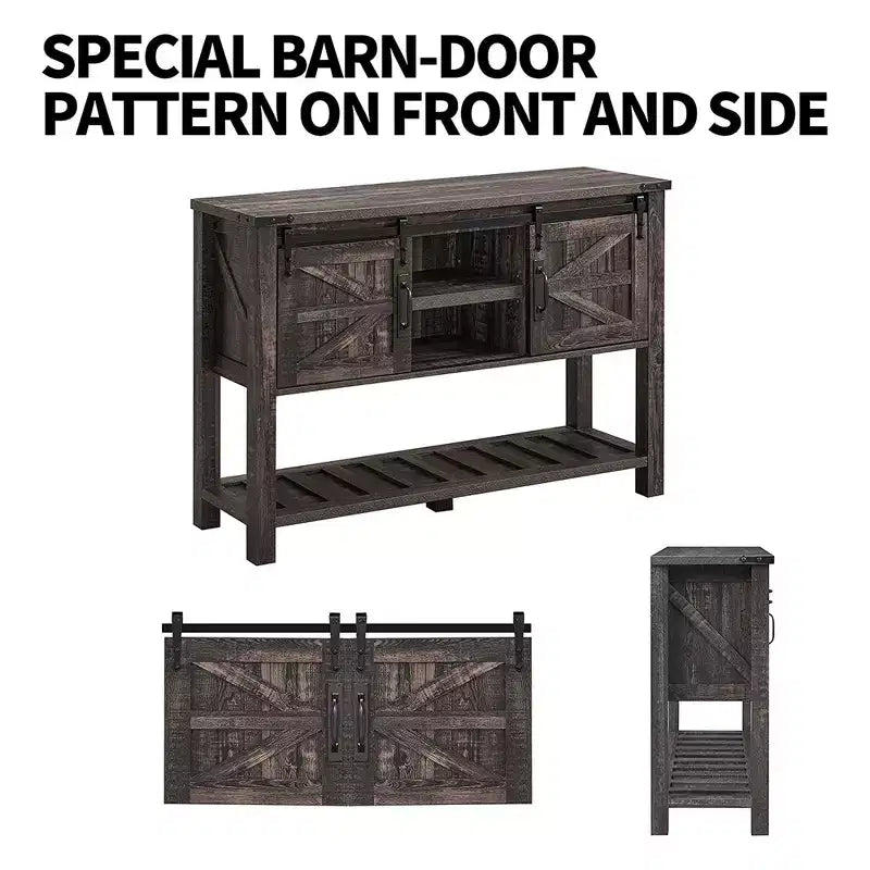 Dark/Light Rustic Oak & Reclaimed Barnwood Farmhouse Console Table with Sliding Barn Doors, 1-Person Assembly