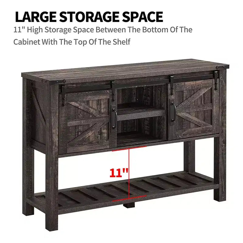 Dark/Light Rustic Oak & Reclaimed Barnwood Farmhouse Console Table with Sliding Barn Doors, 1-Person Assembly