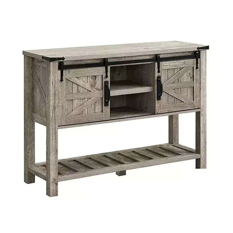 Dark/Light Rustic Oak & Reclaimed Barnwood Farmhouse Console Table with Sliding Barn Doors, 1-Person Assembly