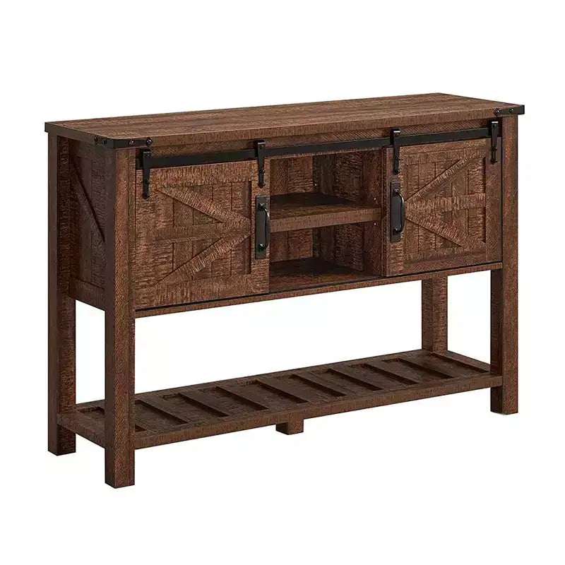 Dark/Light Rustic Oak & Reclaimed Barnwood Farmhouse Console Table with Sliding Barn Doors, 1-Person Assembly