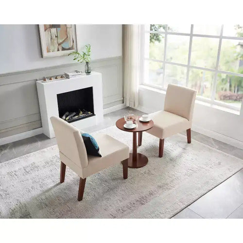 Beige Linen Armless Accent Chair Set of 2 with Round Side Table