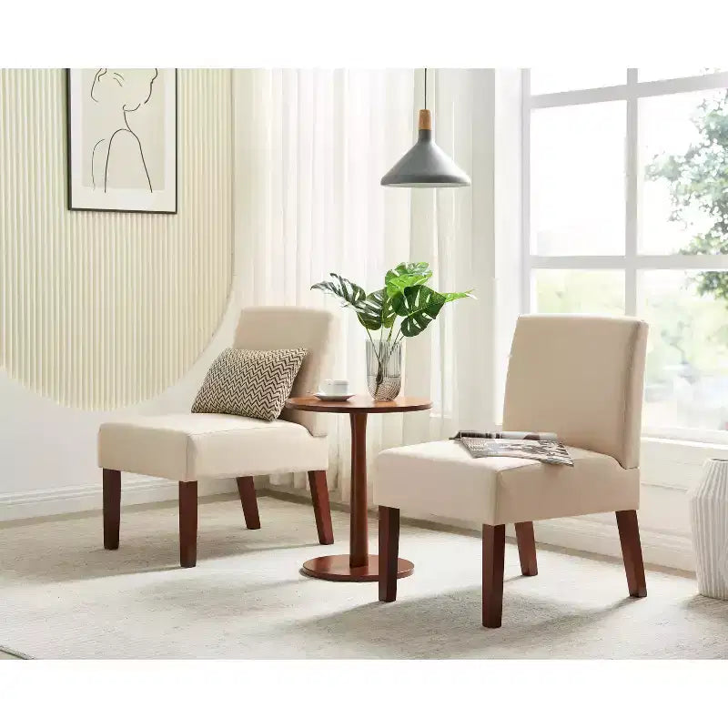 Beige Linen Armless Accent Chair Set of 2 with Round Side Table