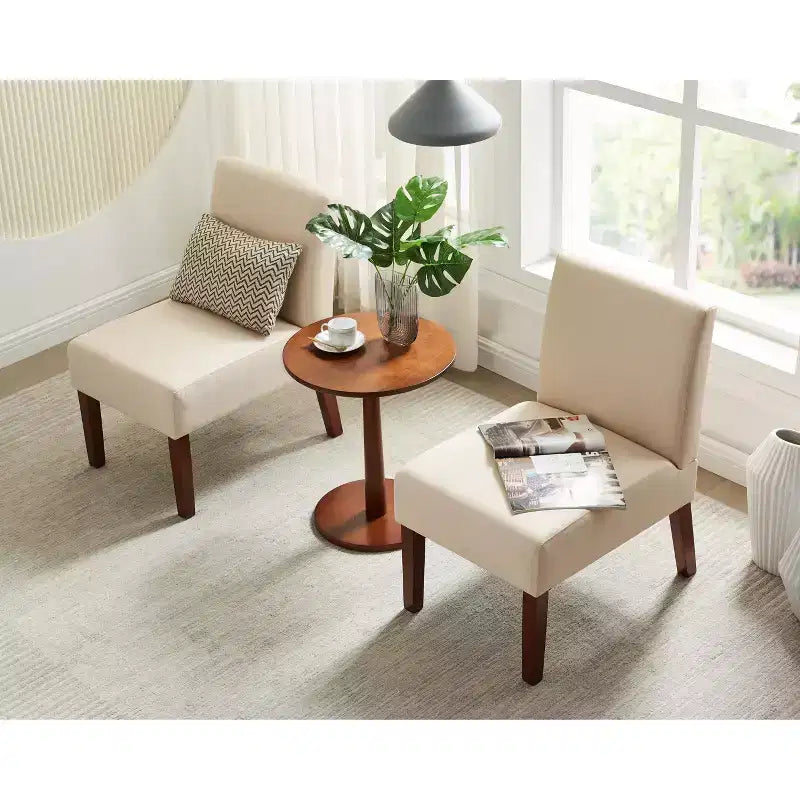 Beige Linen Armless Accent Chair Set of 2 with Round Side Table