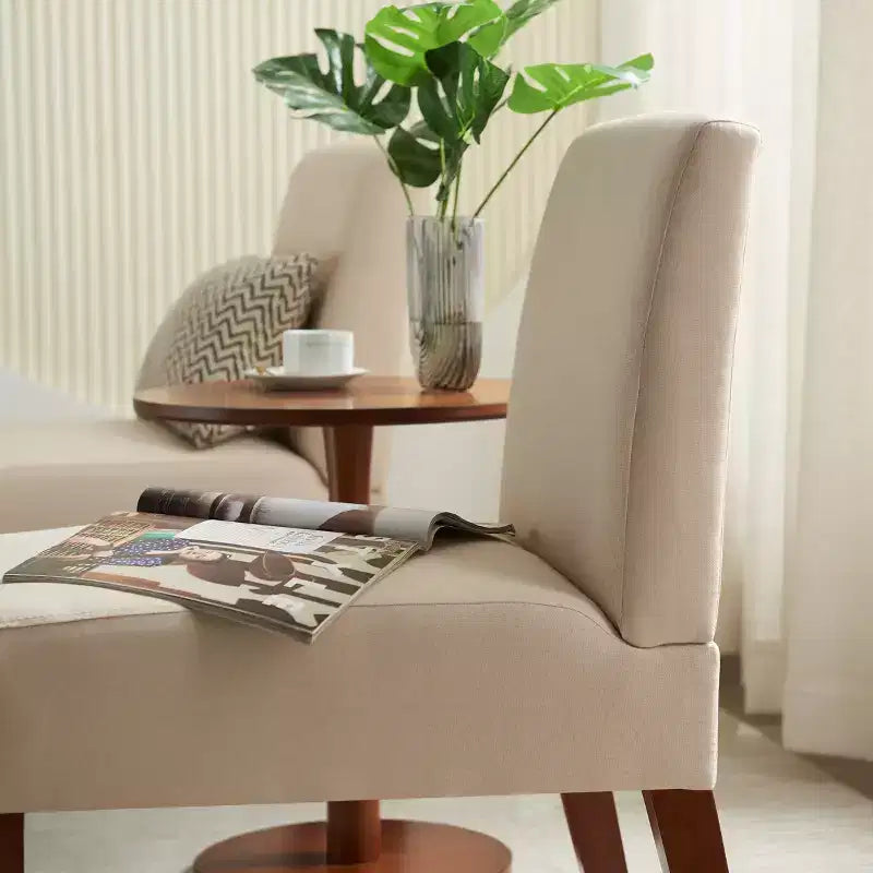 Beige Linen Armless Accent Chair Set of 2 with Round Side Table
